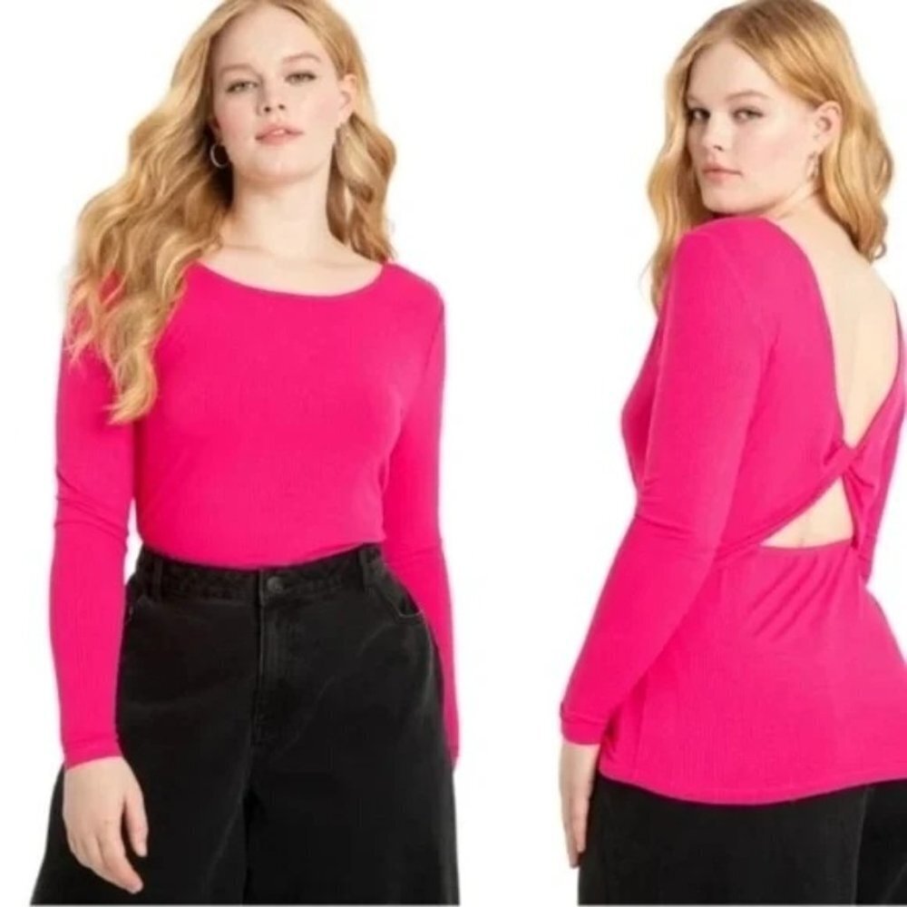 NWOT Eloquii Ribbed Long Sleeve‎ Pink Top Open Back Stretchy Plus Size 18 / 20
